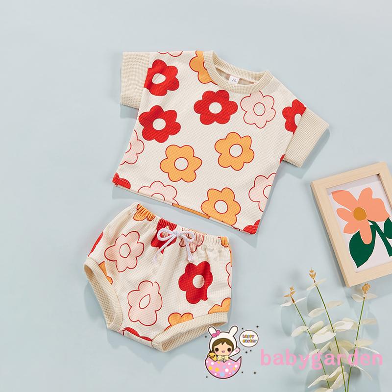 Set Áo Thun Ngắn Tay Cổ Tròn In Hoa + Quần Short Lưng Thun Thời Trang Mùa Hè Cho Bé Gái 0-24 Tháng Tuổi