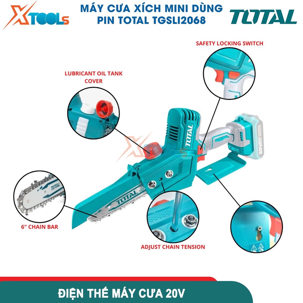 Máy cưa xích mini dùng pin TOTAL TGSLI2068 20V, chiều dài lam cưa 6inch kèm dây xích không gồm pin sạc-CHÍNH HÃNG-XTOOLS