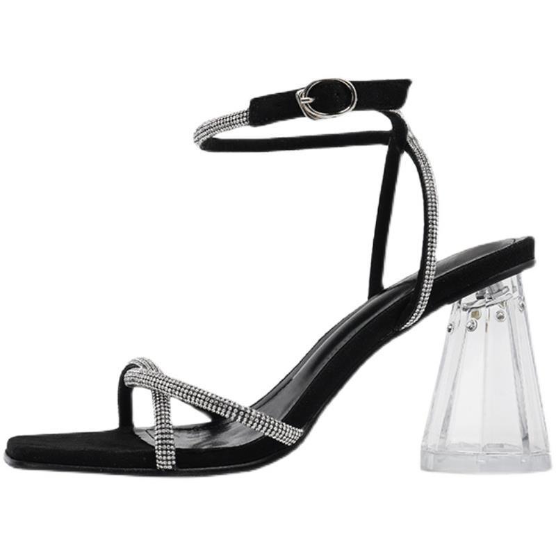 Xăng đan Cao Gót Mũi Vuông Quai Trong Suốt Đính Đá Size 34-40 Màu Đen Thời Trang Cho Nữ