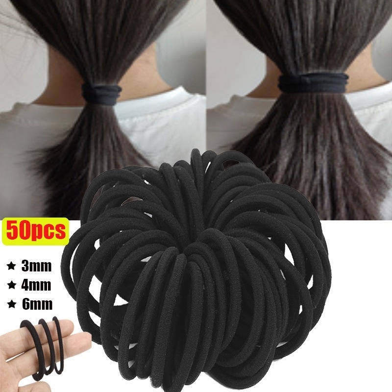Bộ 50 dây thun cột tóc 3/ 4/ 6mm màu đen xinh xắn cho nữ