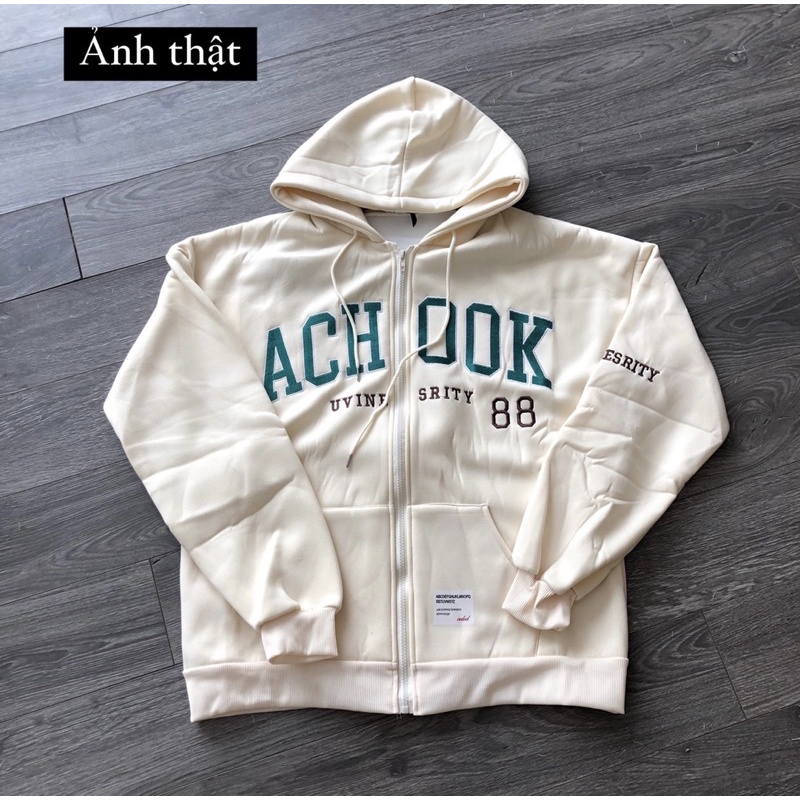 Áo Khoác Jacket Hoodie Zip Màu Kem Nude Chữ Thêu Oversize Nam Nữ