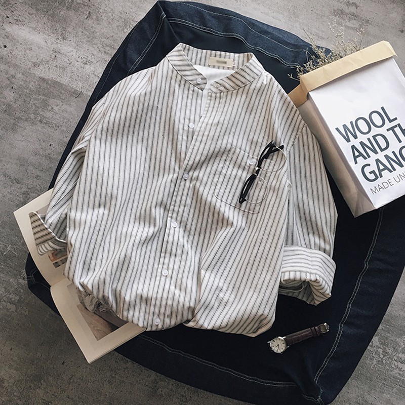 Áo sơ mi nam cổ tàu ulzzang fom rộng chất cotton siêu thấm mồ hôi, mặc mát lạnh