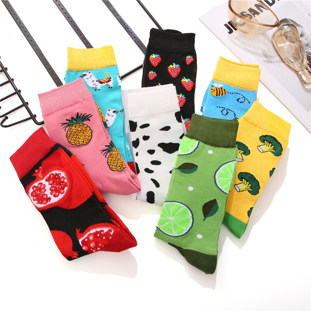 Bộ 2 Đôi Tất Dài Trung Bình Co Giãn In Hình Trái Cây Động Vật Nhiều Màu Sắc Cho Nữ