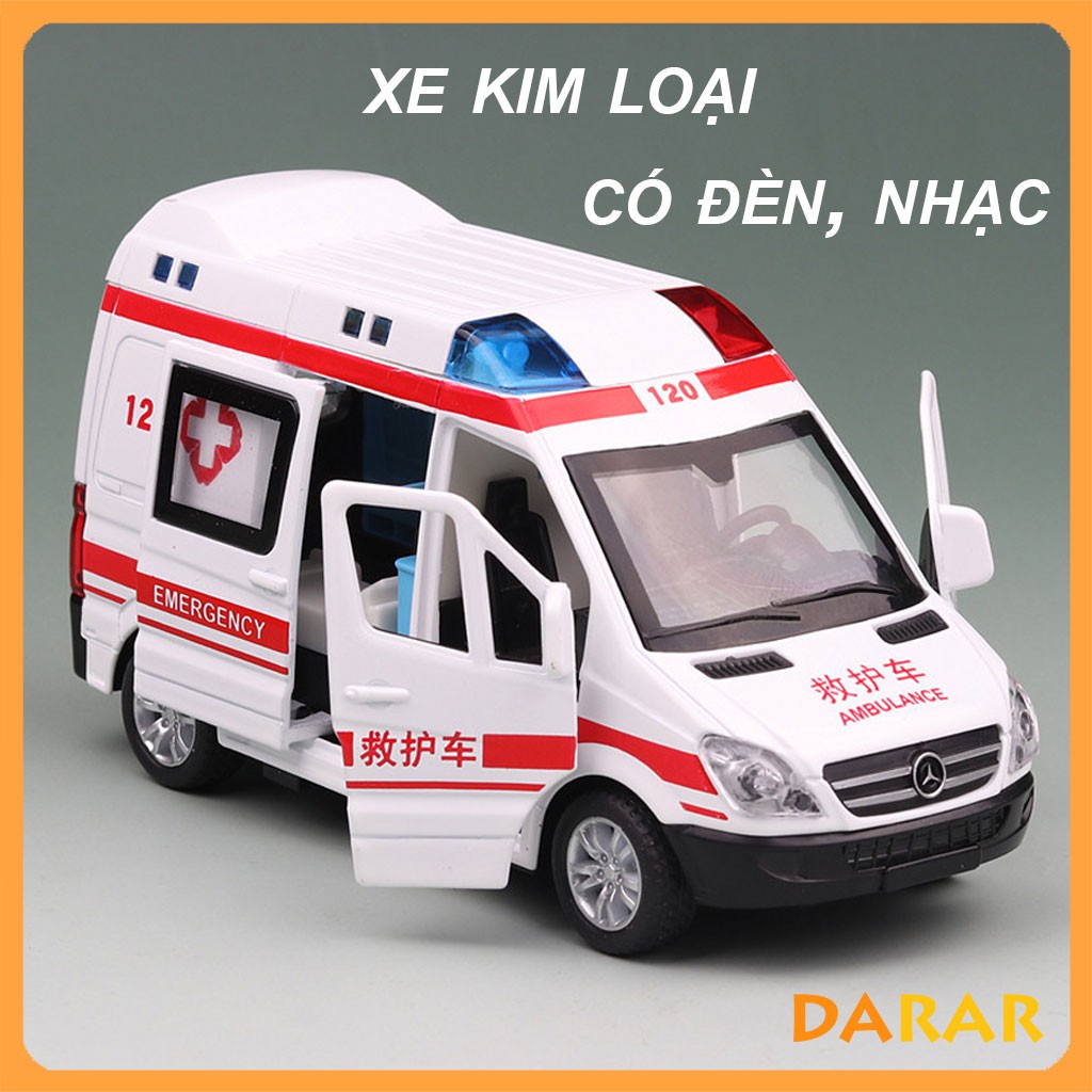 MÔ HÌNH XE Ô TÔ Cứu thương bằng Kim Loại tỷ lệ 1:32, Xe đồ chơi mở được cửa, có còi hú và đèn cho bé