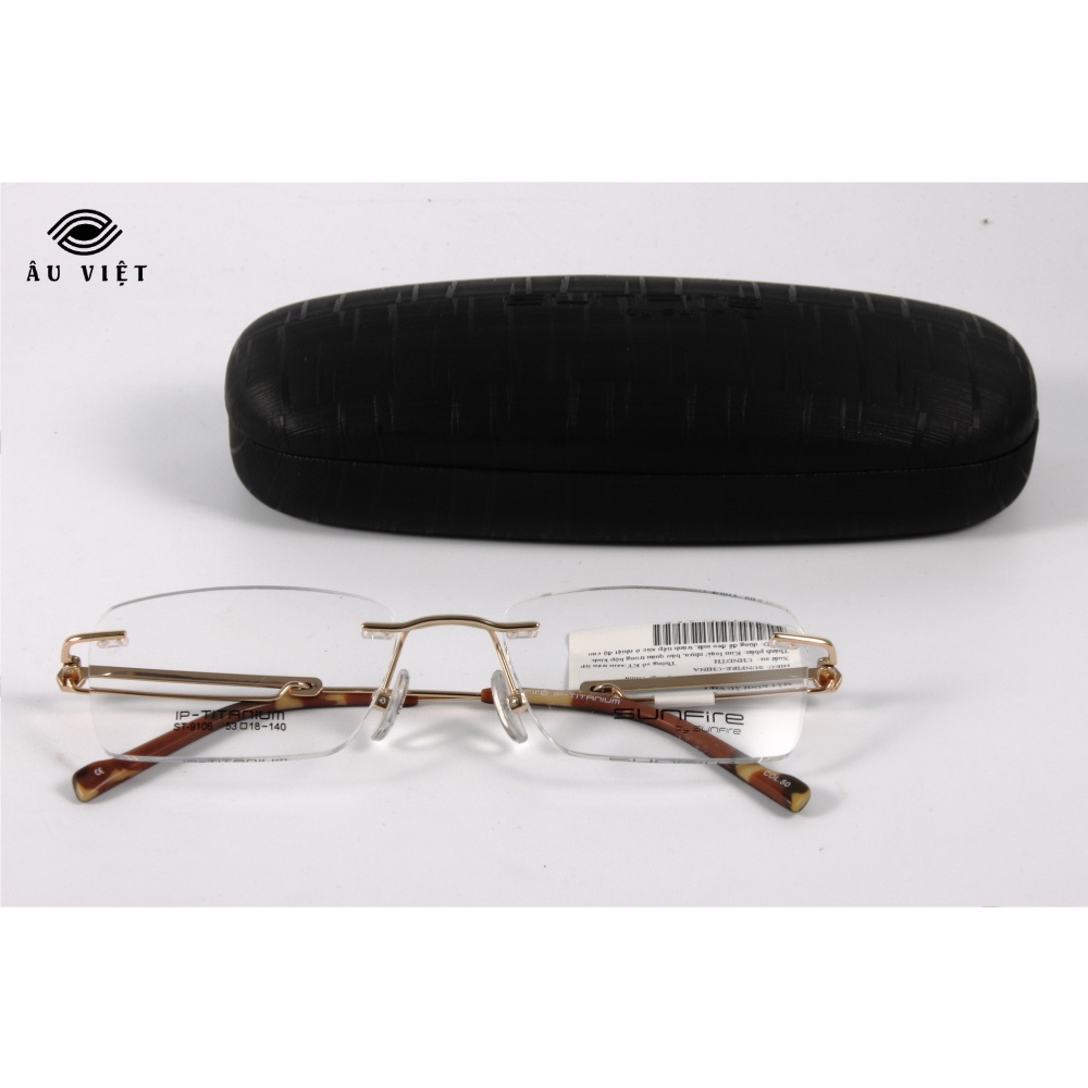 Gọng kính khoan nam nữ kim loại titanium dáng vuông chữ nhật Sunfire ST-9106 màu nâu vàng Full box