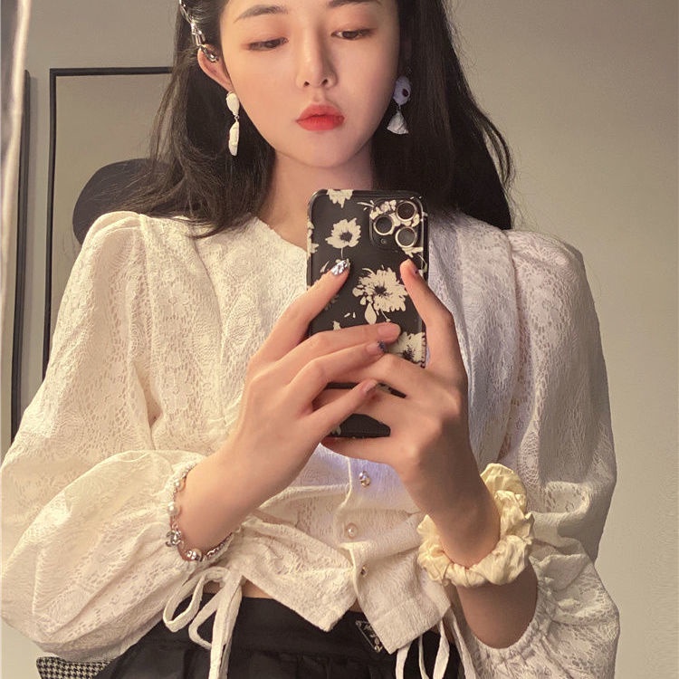 Áo kiểu tay dài cổ chữ V thiết kế dây rút phong cách Hàn Quốc thiết kế mới thời trang xuân thu