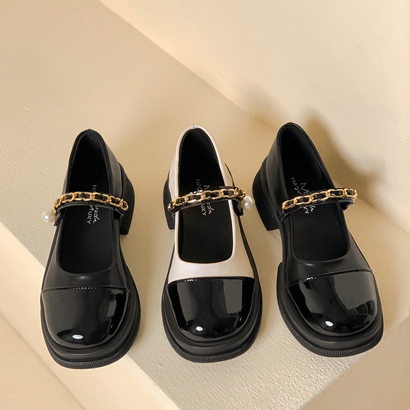 Giày búp bê Mary Jane IELGY da bóng đế bằng phối ngọc trai giả thời trang cho nữ