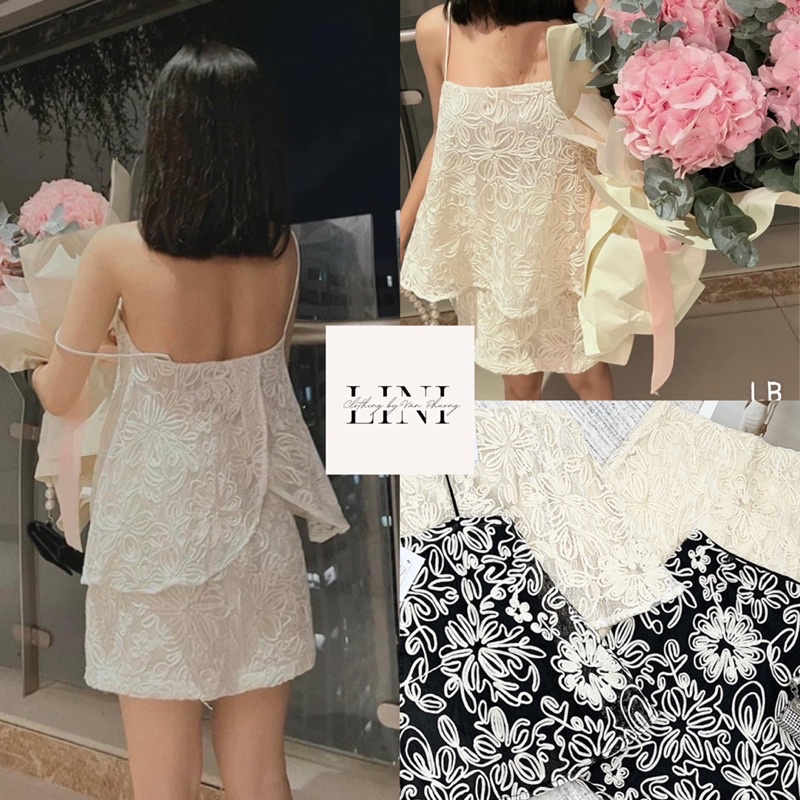 SET REN HOA NỔI ÁO 2 DÂY MIX CHÂN VÁY BASIC ĐOÀN NGÂN CHÂU