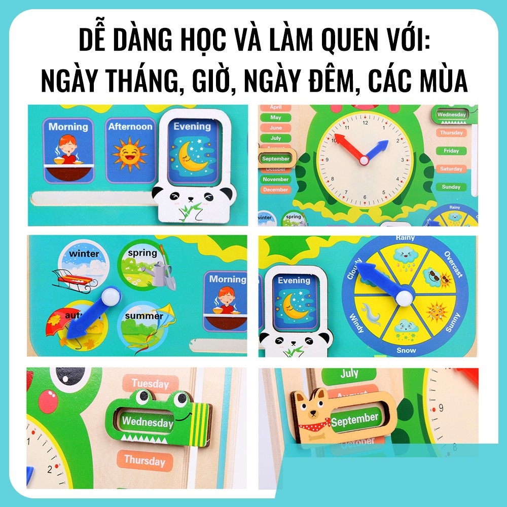 Đồng hồ gỗ hình con ếch giúp bé học thời gian, thứ ngày tháng, thời Tiết, mùa trong năm