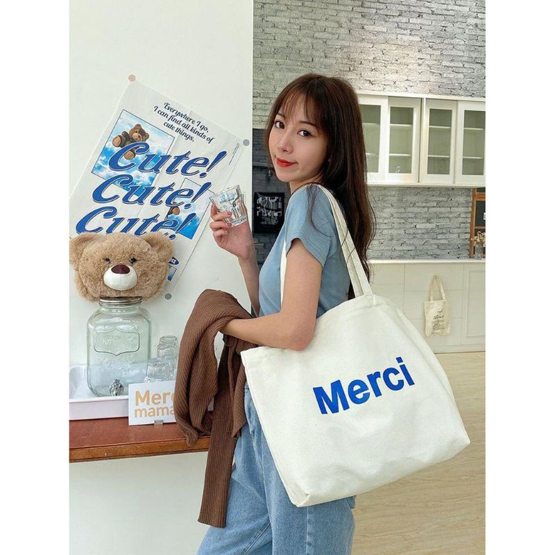 Túi tote vải vintage cao cấp MERCI( có khoá+ ngăn phụ)