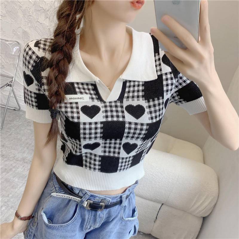 Áo Thun polo Ngắn Tay Dệt Kim Mỏng Ôm Dáng Họa Tiết Sọc Ca Rô Thời Trang Mùa Hè Cho Nữ