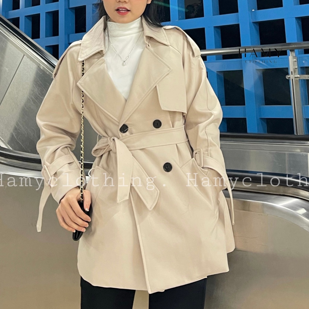 Áo mangto dáng dài lửng Hamy A-33 đai lưng hai lớp màu đen be nâu