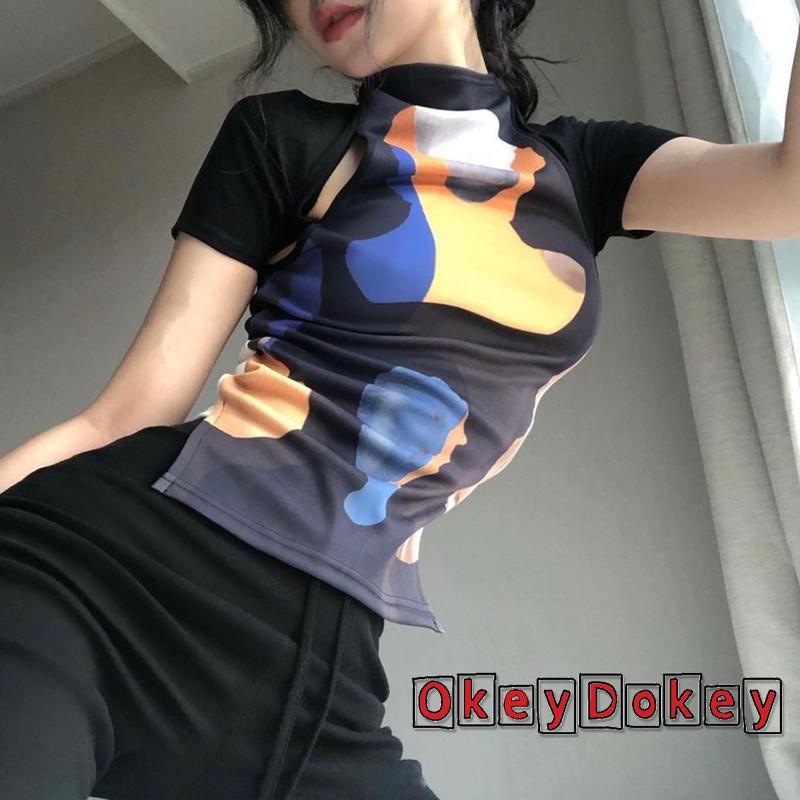 OKDK-Áo thun tay ngắn ôm dáng in hình chân dung đồ họa thời trang cho nữ