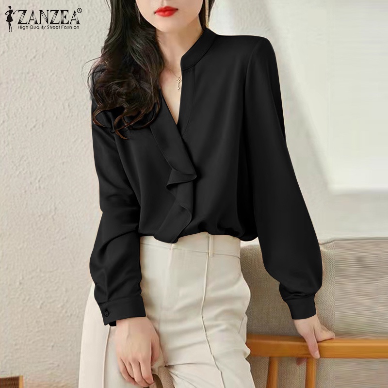 Áo sơ mi ZANZEA cổ V xếp li dài tay có nút ở cổ tay phong cách công sở cho nữ