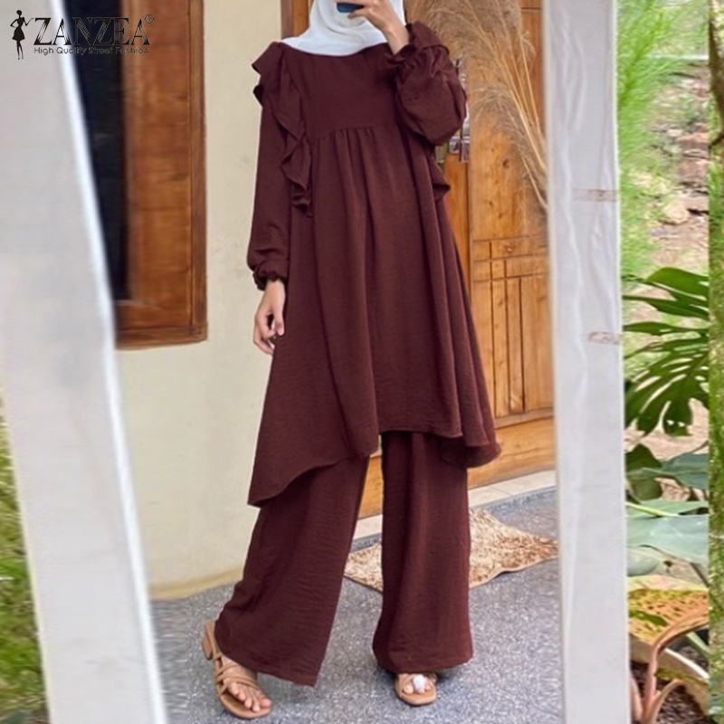 Zanzea Set Áo Kiểu Dài Tay Cổ Tròn + Quần Dài Ống Rộng Thời Trang Nữ