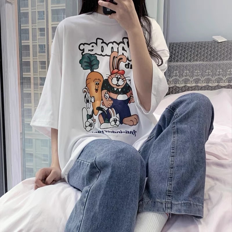 [Rẻ vô địch] Áo thun cotton tay lỡ dáng rộng unisex thỏ và carot freesize từ 38-65kg