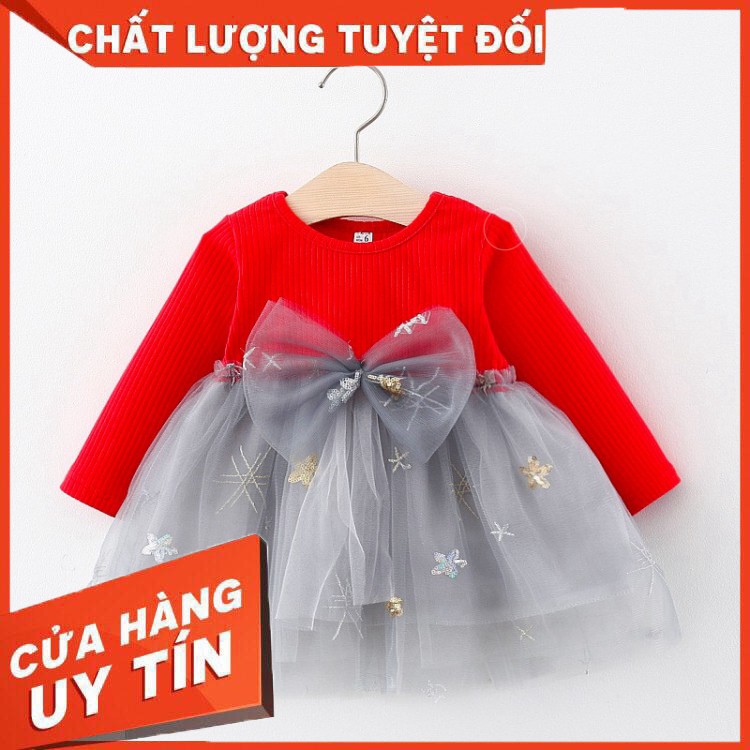 HÀNG NHẬP KHẨU -  Váy cho bé ⚡️CỰC XINH⚡️ Váy thun gân vàng/đỏ/hồng, phối chân voan đính nơ TE2746 - Hàng Nhập Khẩu