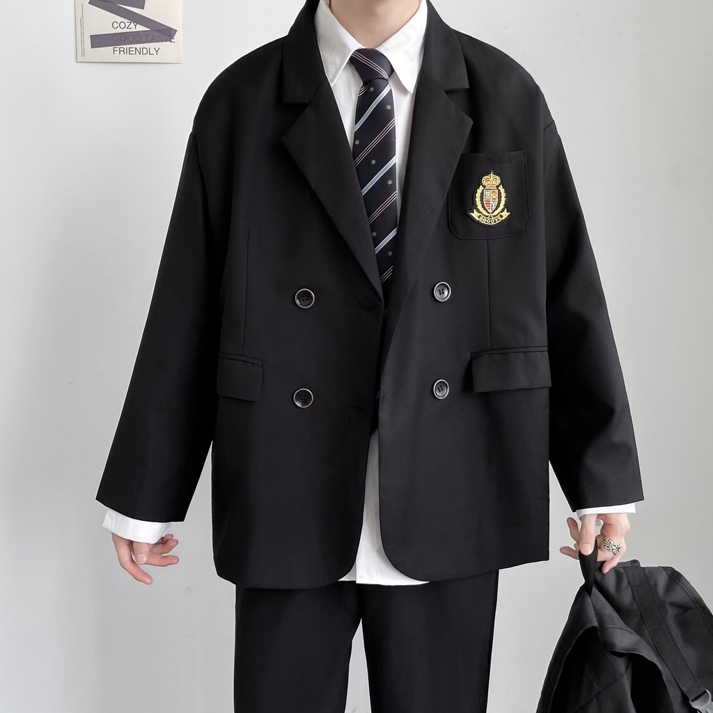 ♞AFF LIGA♞ Áo khoác đồng phục tay dài màu đen phong cách Hàn Quốc thời trang mùa thu cho cặp đôi 2021