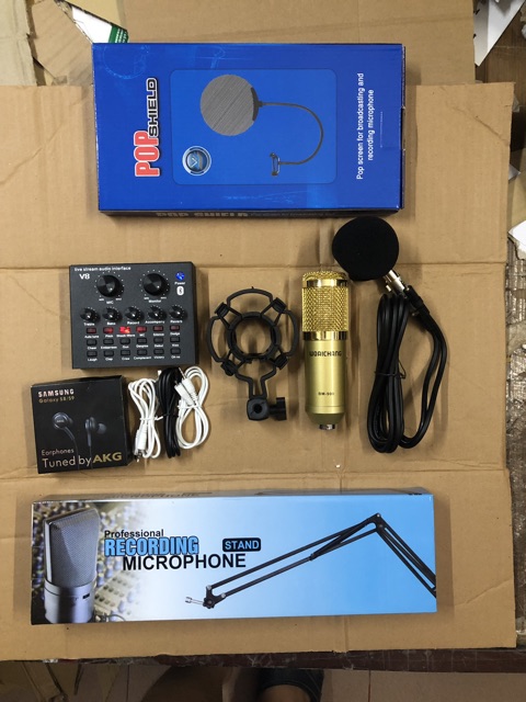 [Freeship toàn quốc từ 50k] Bộ thu âm v8 bluetooth míc bm900 full phụ kiện tặng tai akg ( 5 món)