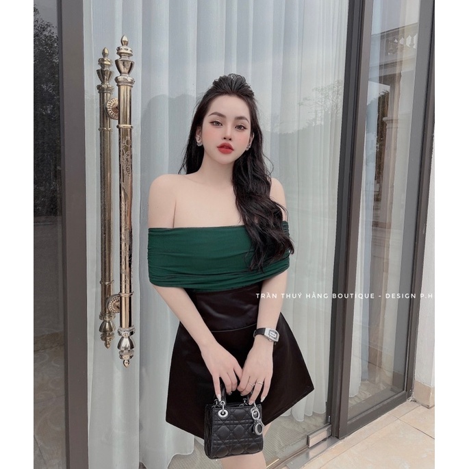 Set áo lưới trễ vai + chân váy dáng A