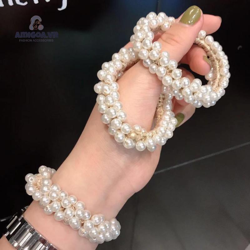 Dây Buộc Tóc Cao Su Co Giãn Đính Hạt Ngọc Trai Giả Xinh Xắn
