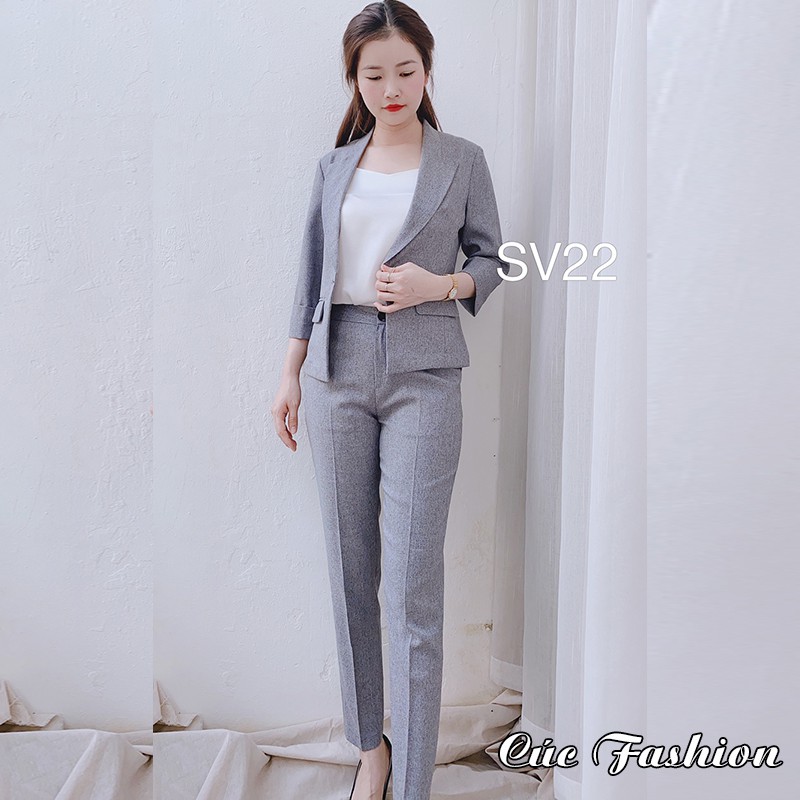 Bộ vest nữ CÚC FASHION bộ đồ thời trang Hàn Quốc áo croptop đẹp mic quần baggy đen trắng SV115 Set vest chân váy D