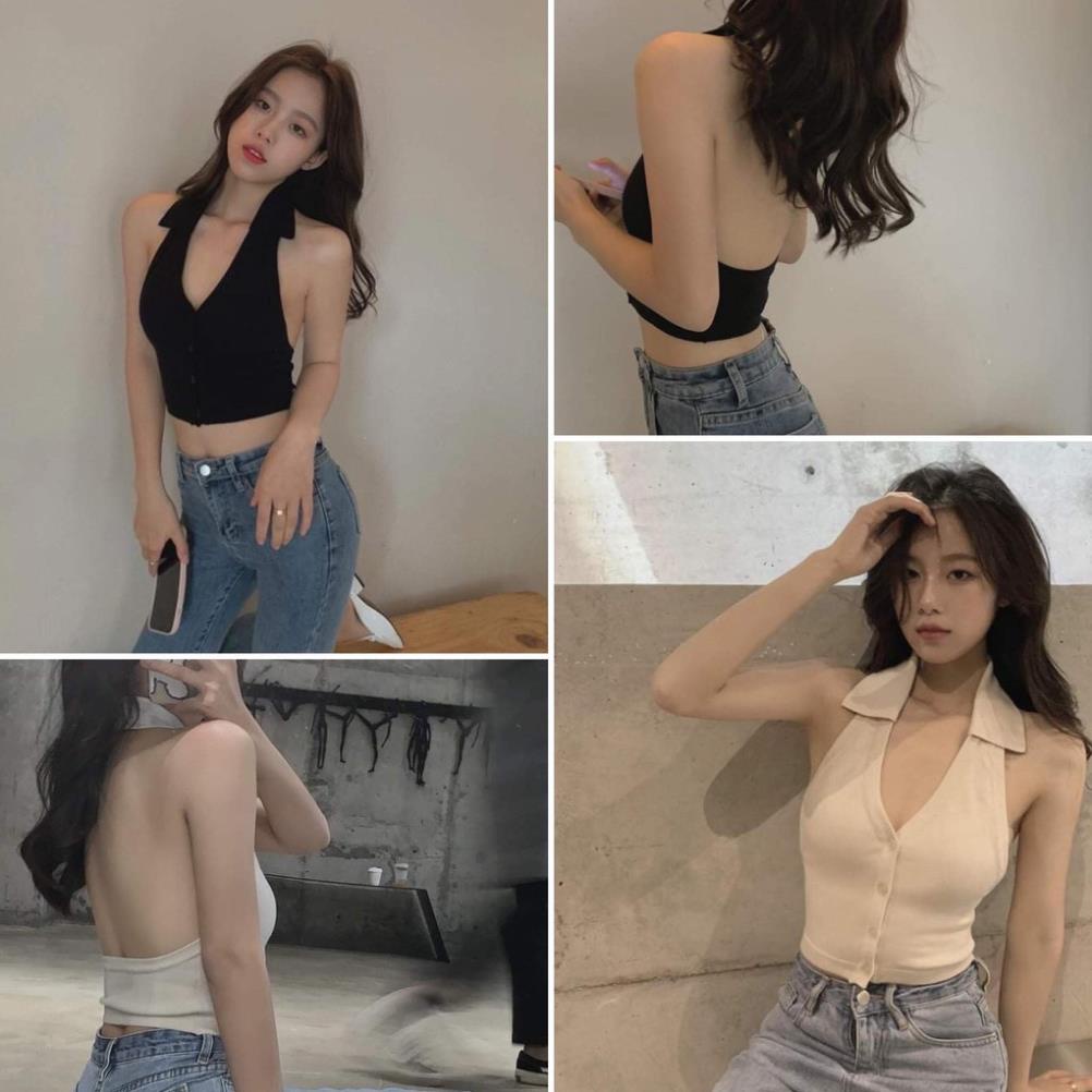 Áo croptop nữ khoét nách hở lưng, Áo 3 lỗ cổ polo cài cúc sexy, Chất thun freesize