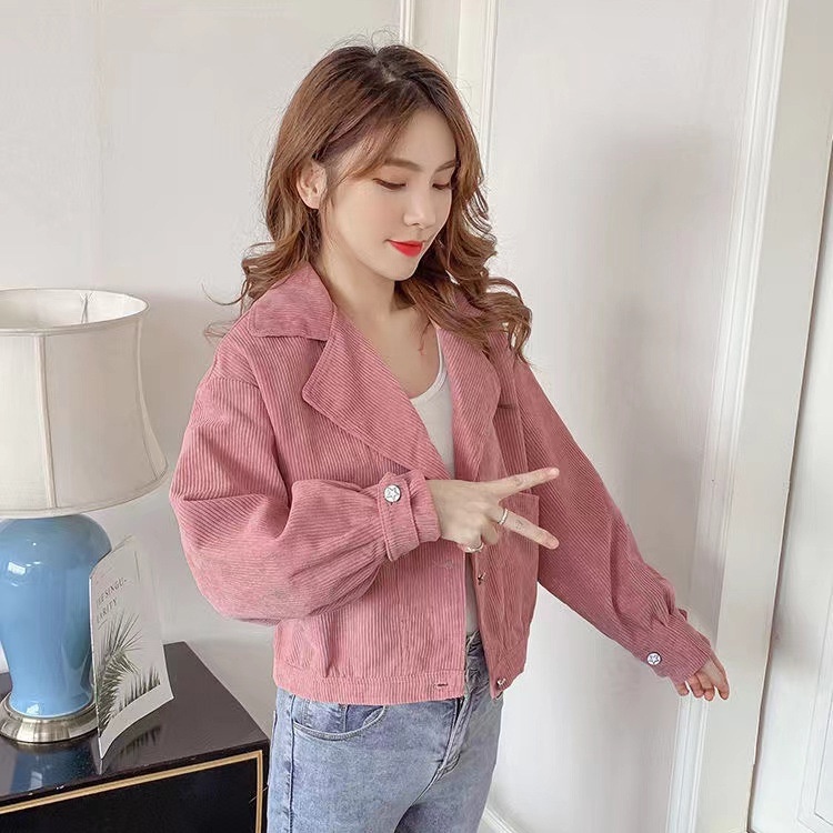 IELGY    Áo Khoác Nhung Kẻ Ngắn Giản Dị Dành Cho Nữ