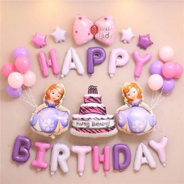 Sét bóng trang trí sinh nhật mẫu công chúa sofia cho bé gái tặng kèm bơm và băng keo