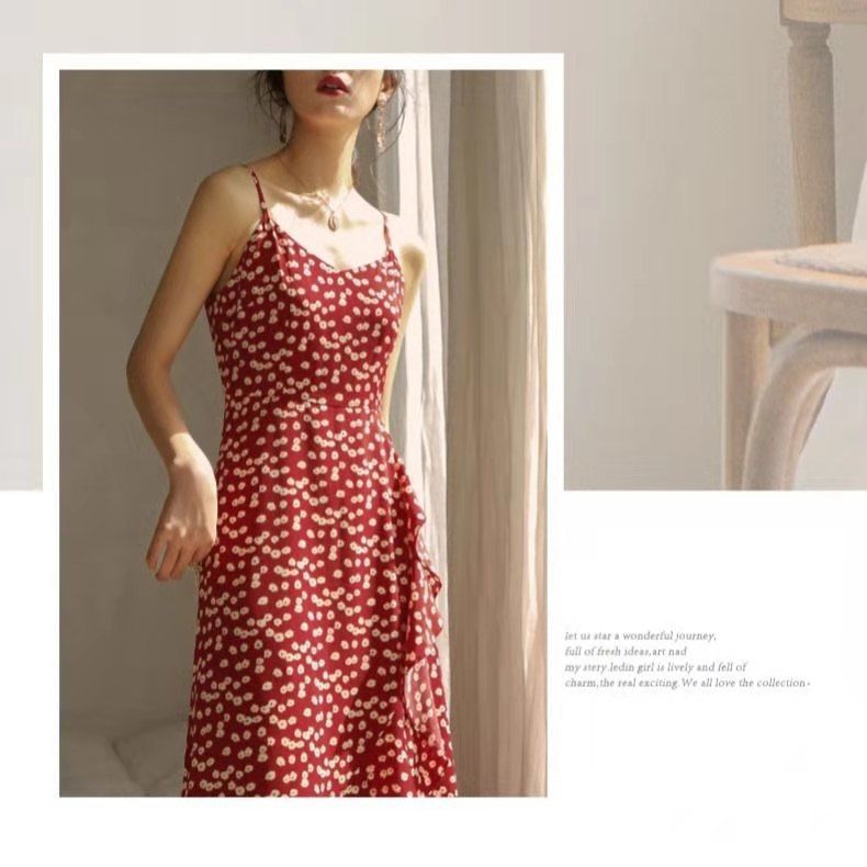 Đầm nữ 2 dây cổ chữ V in hoa thời trang