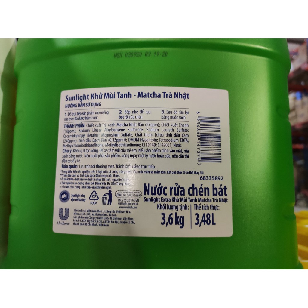 SUNLIGHT Nước rửa chén Trà Xanh, Muối Khoáng Lô Hội Trắng Can 3.6kg 3.6 kg