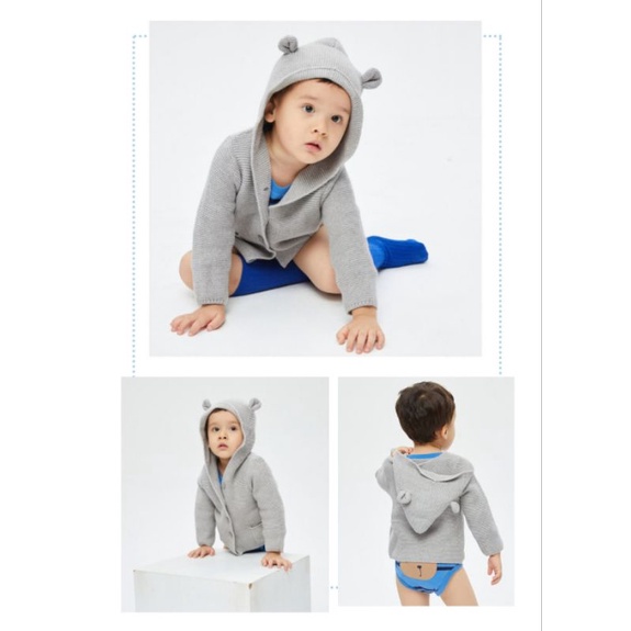 Áo khoác cho bé , áo len gap xuất dư xịn màu xám trơn dễ mix đồ , cardigan co giãn chất mềm mũ tai gấu - tiệm nhà an