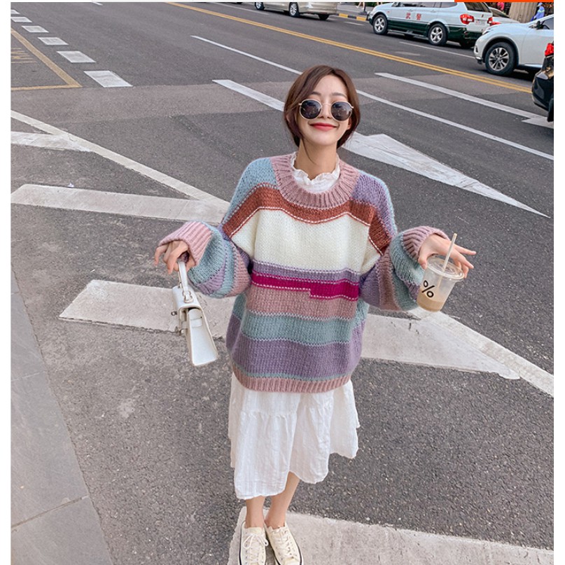 Áo sweater thời trang dáng rộng phong cách Hàn Quốc họa tiết sọc cá tính