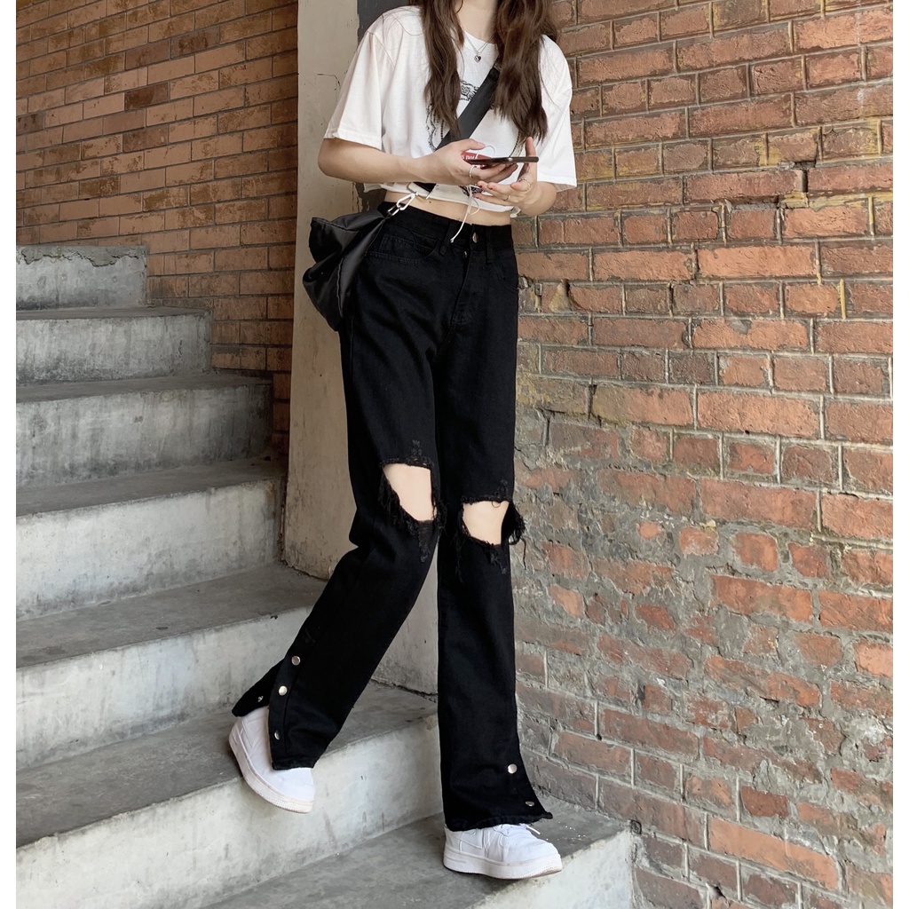 Xiaozhainv Quần Jean Ống Suông Xẻ Tà Thời Trang Retro Hàn Quốc Dành Cho Nữ