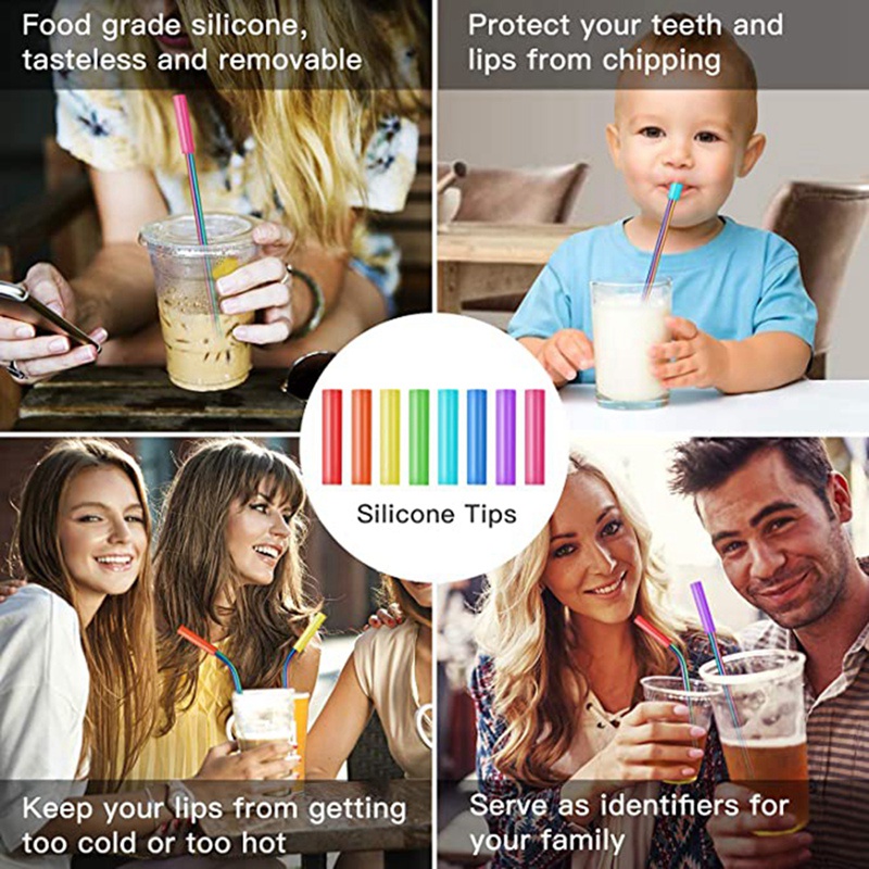 Bộ 16 Ống Hút Kim Loại Dài Bằng Thép Không Gỉ Nhiều Màu Sắc Kèm Đầu Silicone Và Có Thể Tái Sử Dụng