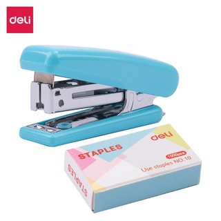 Dập ghim #10 Deli, Đính kèm 1000 chiếc ghim 12 trang, Xanh, vàng, trắng, hồng - 1 cái E0254