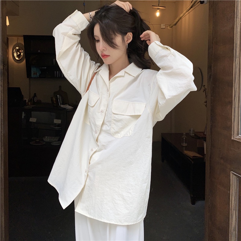 Áo Sơ Mi Trắng Tay Dài Dáng Rộng Cổ Bẻ Thời Trang Mùa Hè Cho Nữ