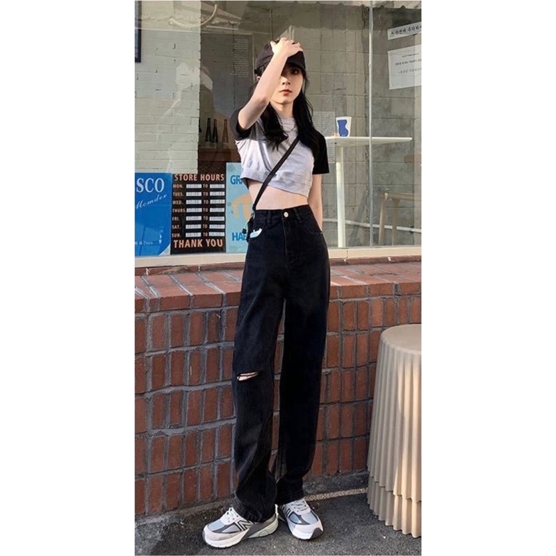 Quần jeans suông ống rộng đen nữ phong cách hàn quốc 2022