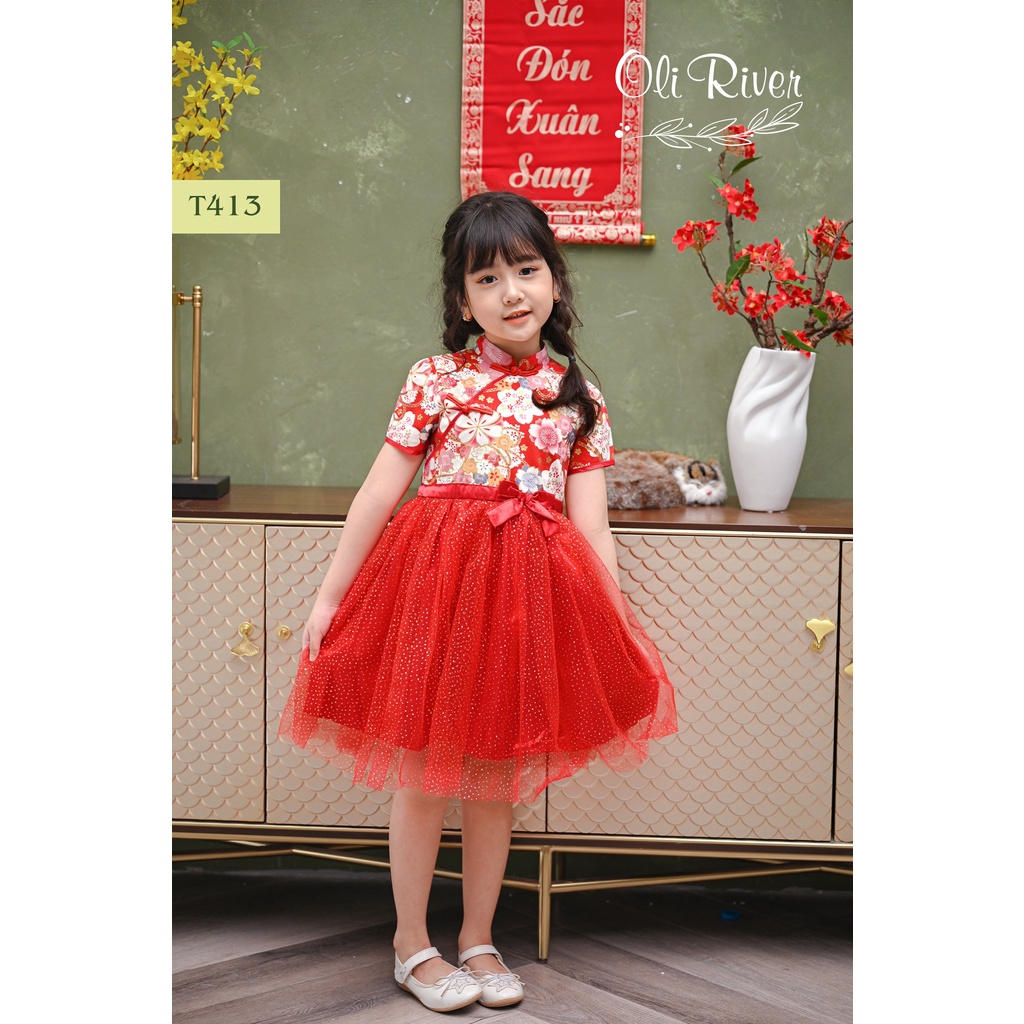 Sườn xám bé gái OLI RIVER phối voan hoa anh đào màu đỏ siêu hot - T413
