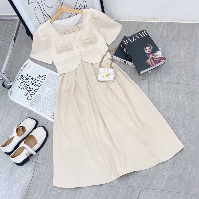 SET Áo croptop nơ nút ngọc kèm Chân Váy midi xếp ly màu nude NÀNG CLOSET