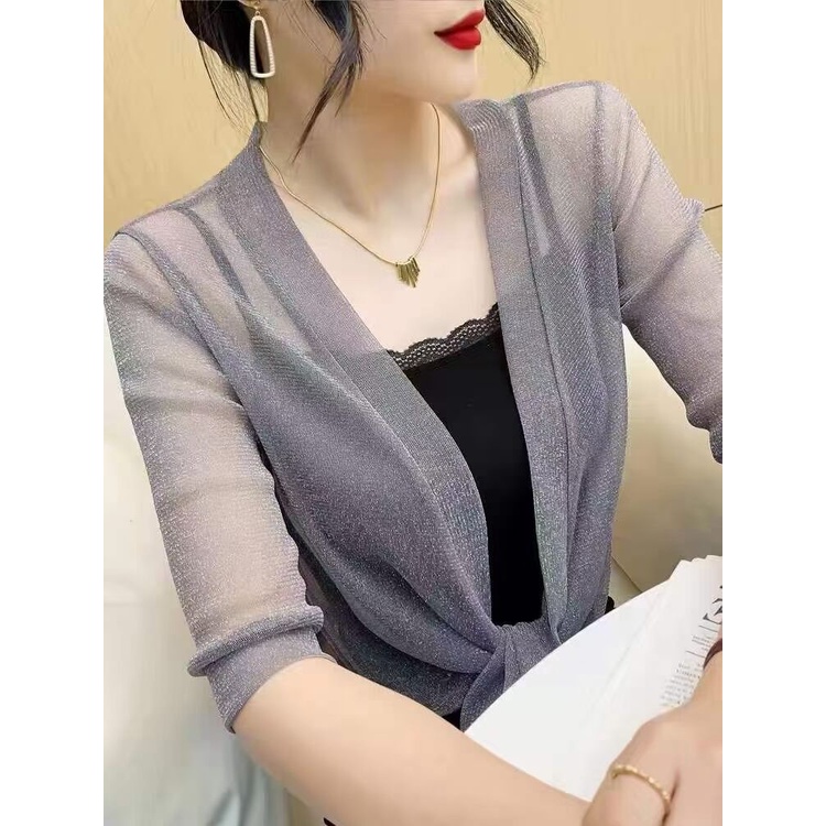 Áo Khoác Cardigan Vải Lưới Mỏng Màu Trơn Tay Lửng Chống Nắng Thời Trang Mùa Hè Cho Nữ