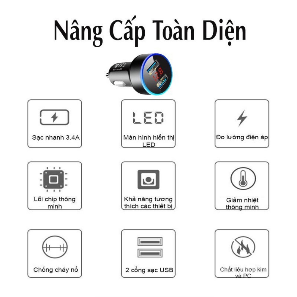 Tẩu sạc , tẩu sạc ô tô 2 cổng USB hiển thị màn hình LED điện tử ATILA SHOP