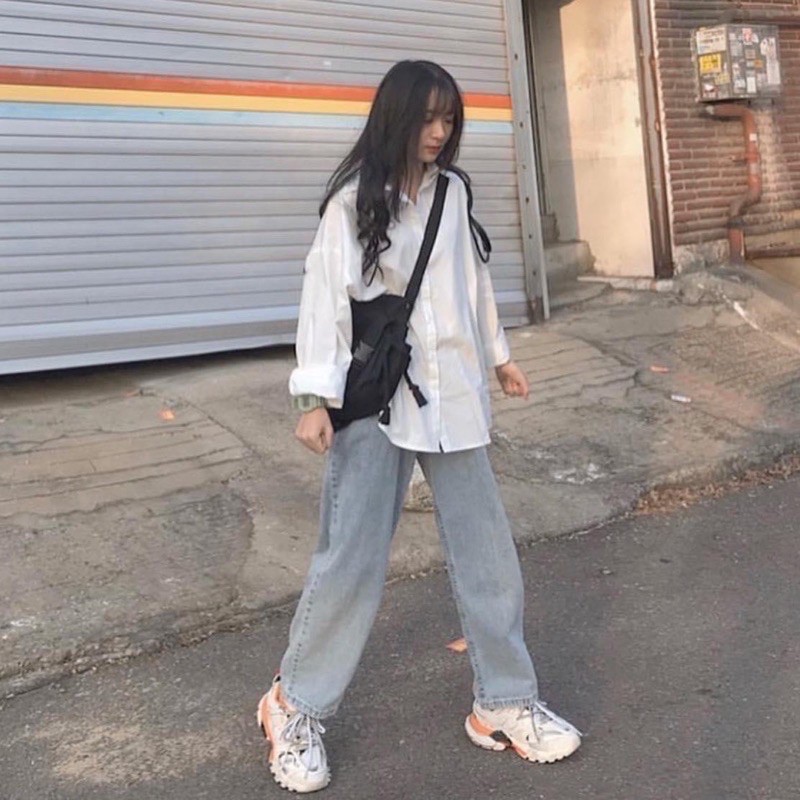 Áo sơ mi tay dài trơn đen trắng basic unisex có size