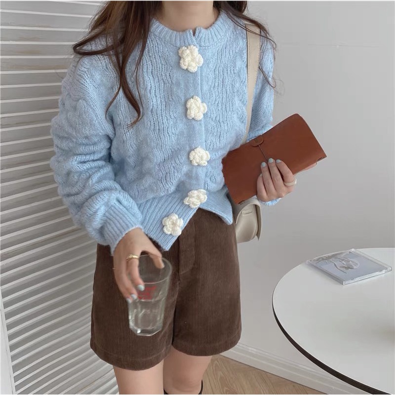 Áo len cardigan nữ dài tay khuy thêu hoa dáng ngắn croptop hàn quốc màu xanh ladyquangchau CD22