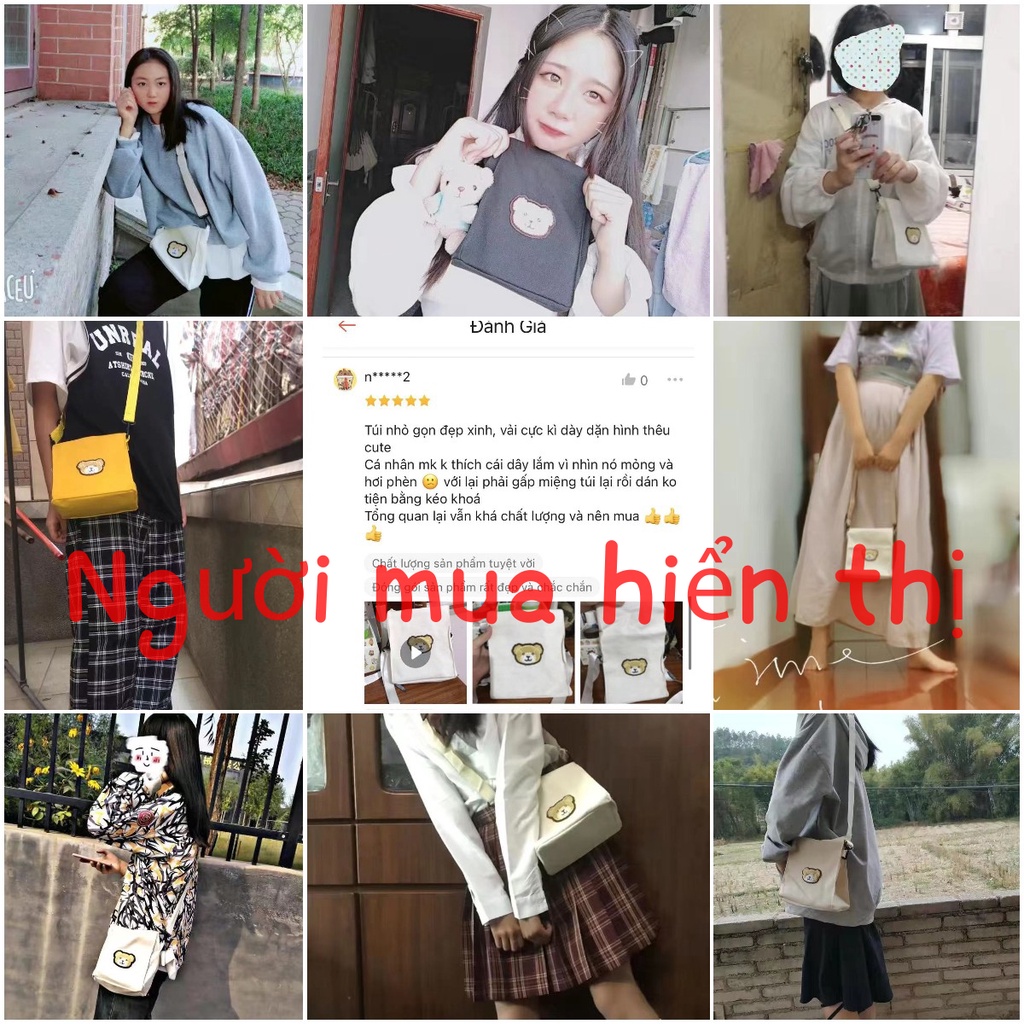 Túi canvas đeo chéo họa tiết gấu nhỏ dễ thương cho nữ
