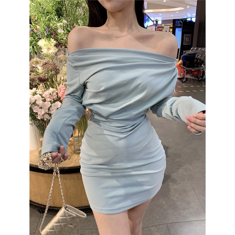 Đầm ôm body bẹt vai gợi cảm, váy trễ vai dài tay