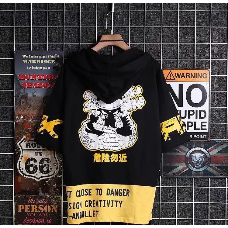 Áo hoodie giả hai lớp tay ngắn dáng rộng phong cách hip hop Nhật Bản thời trang mùa hè cho nam