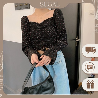 Áo Nữ Cao Cấp Cổ Vuông Dáng Croptop Họa Tiết Hoa Nhí May Nhún Phối Tay Bồng Phong Cách Thời Trang Sugal TOP NU 015
