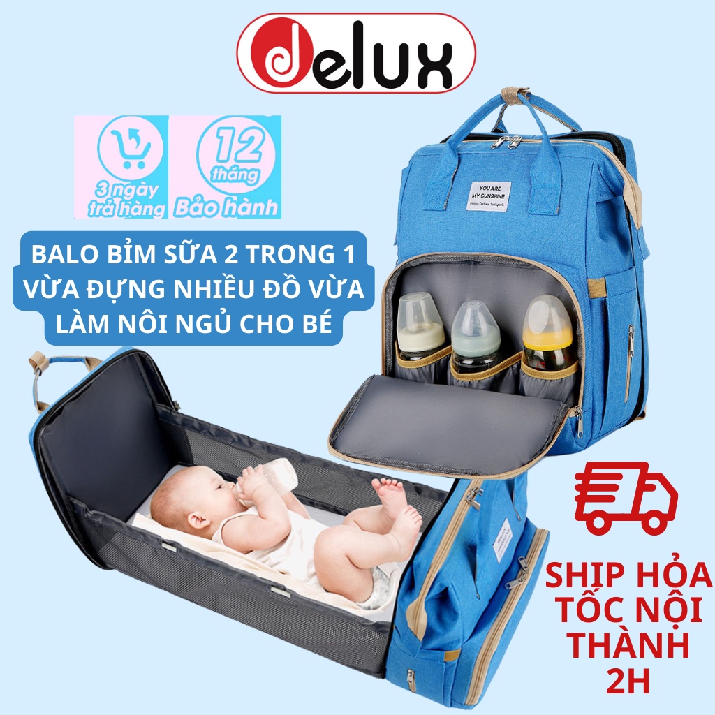 Balo bỉm sữa đa năng cho mẹ và bé cao cấp có thể làm giường nằm cho trẻ,nhiều ngăn đựng chống thấm nước tiện dụng Delux