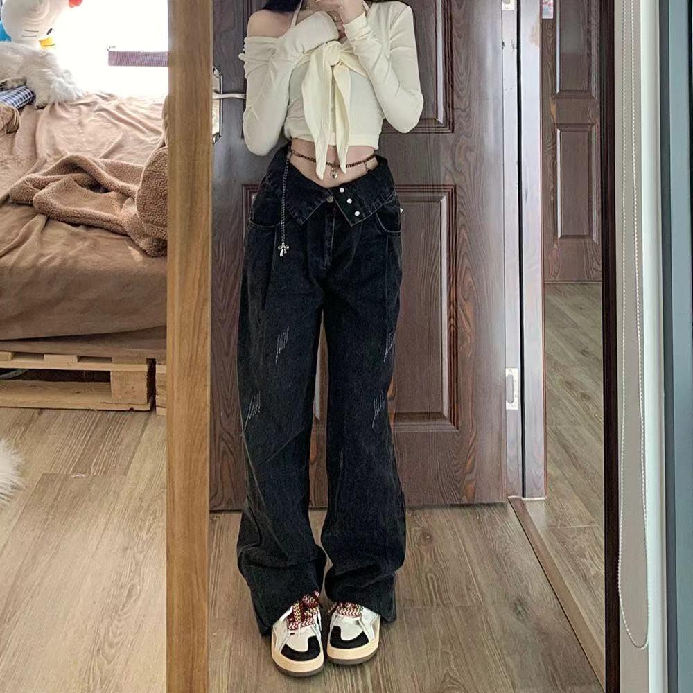Quần Jeans Đen Ống Rộng Lưng Cao Phong Cách Retro Cho Nữ